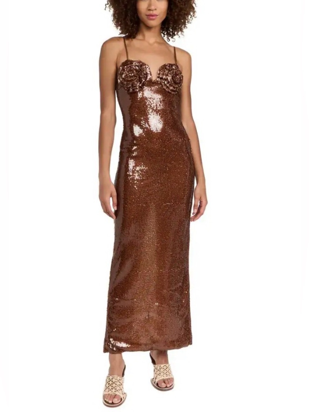 NWT! DUR DOUX Ivory Sequin Rosette Strap Evening Dress size XS